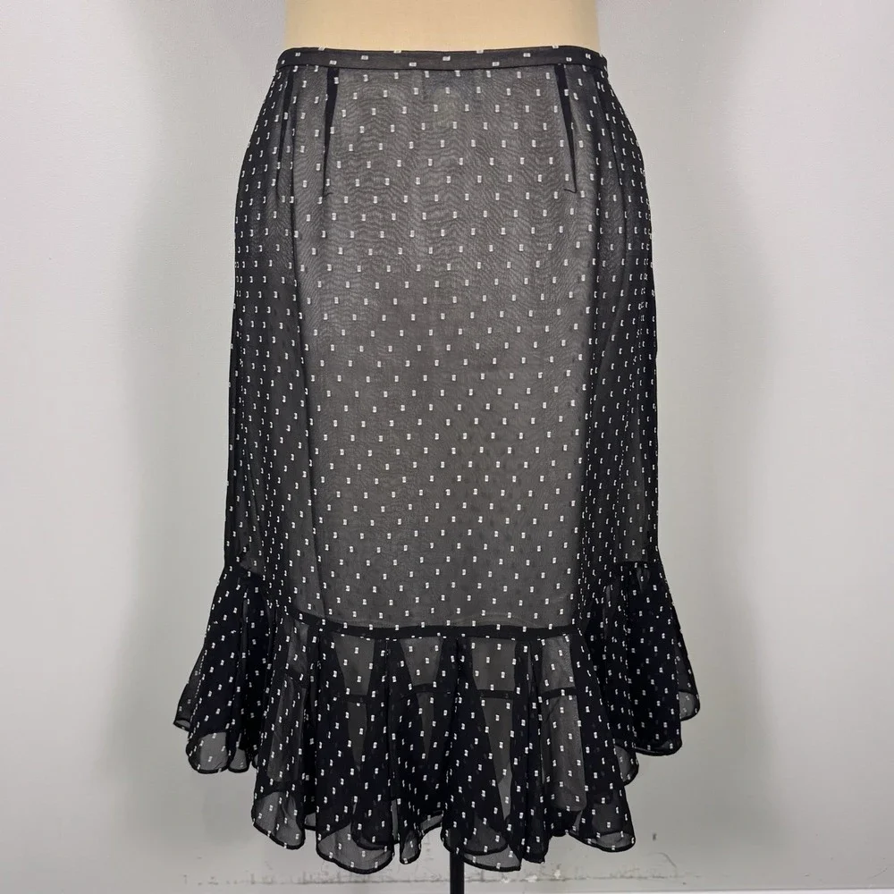 Ann Taylor LOFT Sheer Polka Dot Black Chiffon‎ Ruffle Hem Skirt 10P Workwear